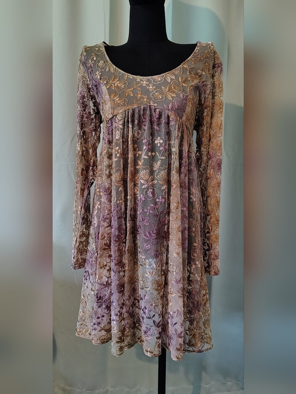 Wednesday's Child Mauve Gold Embroidery Floral Lace Dress Large Boho Vintage - Picture 2 of 16
